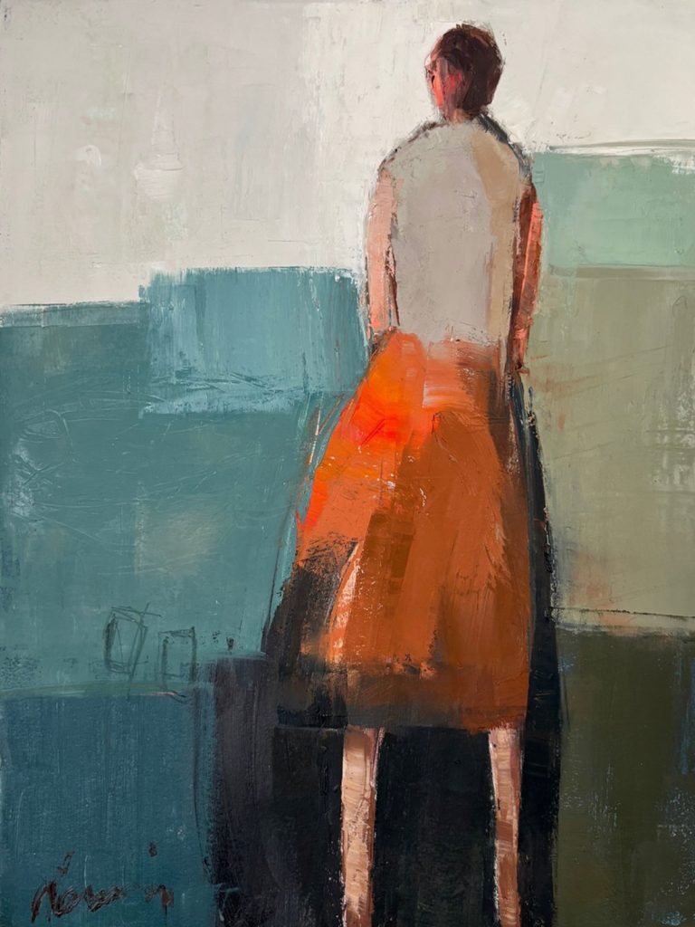 "Orange Skirt," a 9x12 inch oil painting by Naomi Bautista, 2026