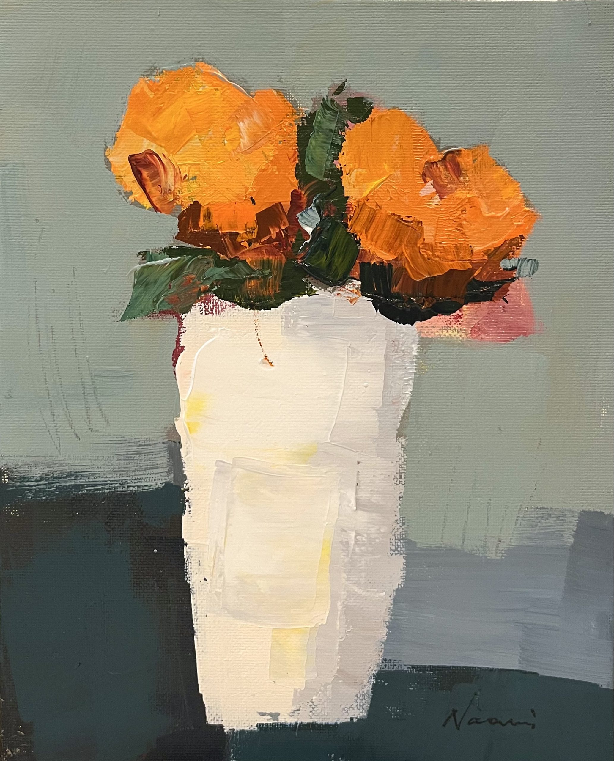 Abstract Orange, oil painting of orange flowers in a white vase by Naomi Bautista